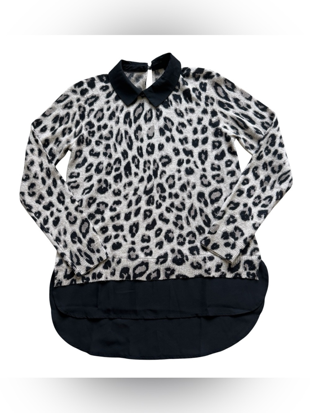 Adrianna Papell 100% Cashmere Leopard Print Collared Layered Hem Sweater XS Cozy
